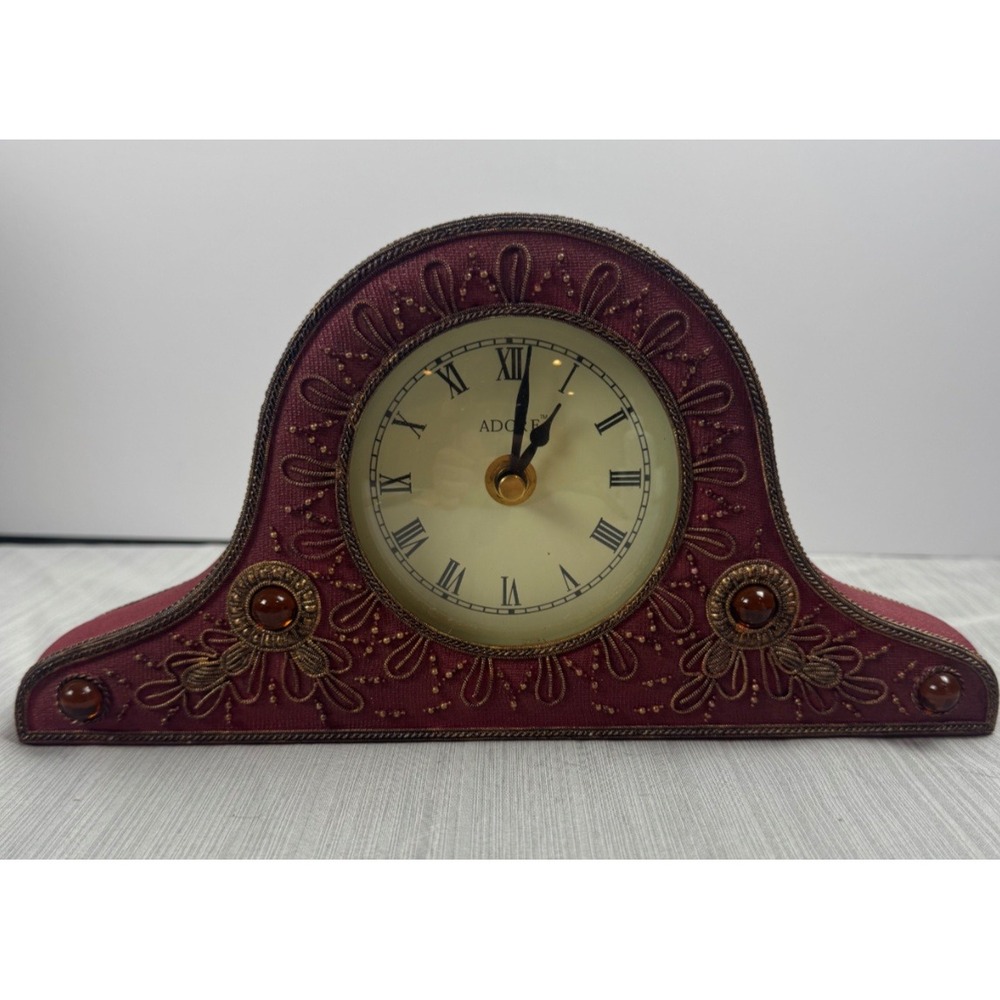 Adore Vintage Style Mantel Clock Burgundy Gold Embroidered Fabric Quartz Desk